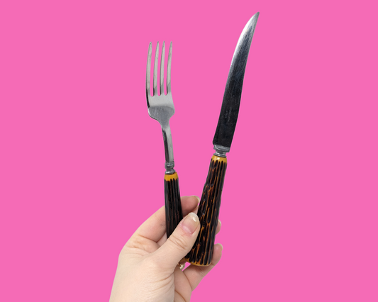 Vintage 1970's Stainless Steel Set of 6 Forks and Matching Knives, Log Styled Handles