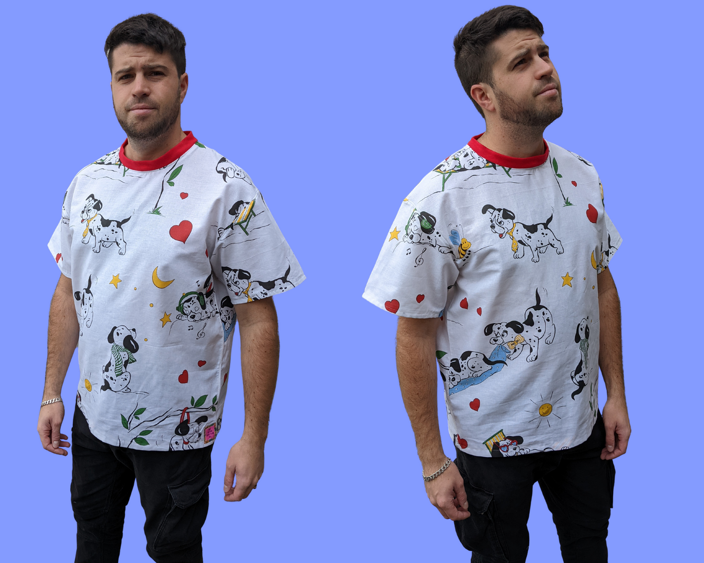 Handmade, Upcycled Vintage 1990's Dalmatian Puppies Bedsheet T-Shirt Oversized XS - Fits Like A Size M