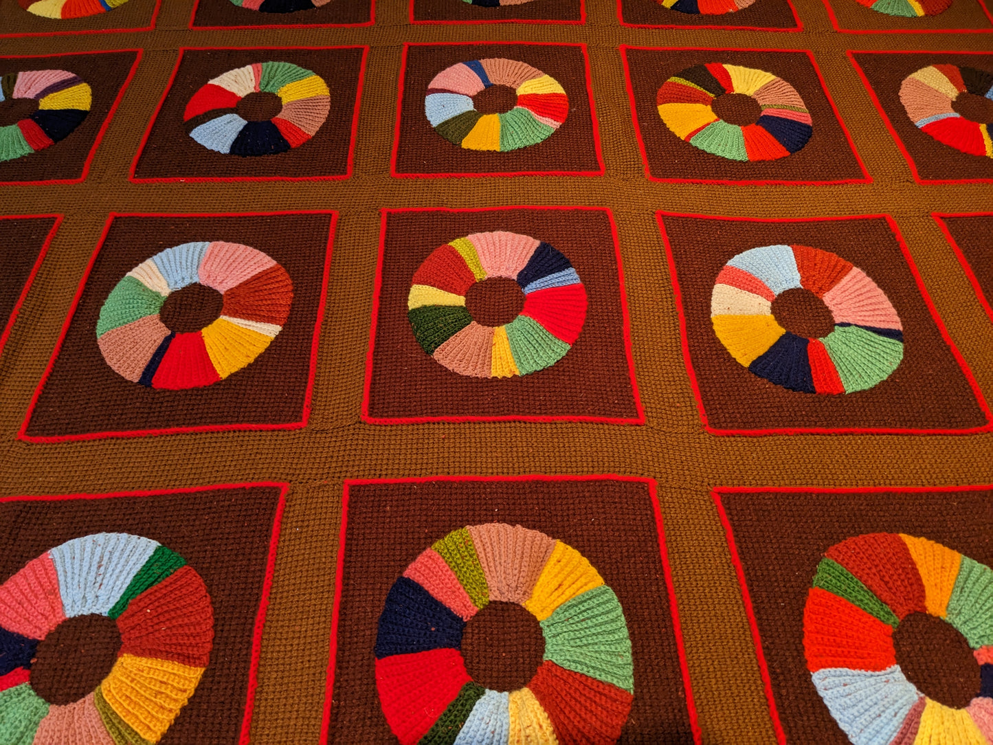 Vintage 1970's Colourful Wool, Unique Crochet Blanket