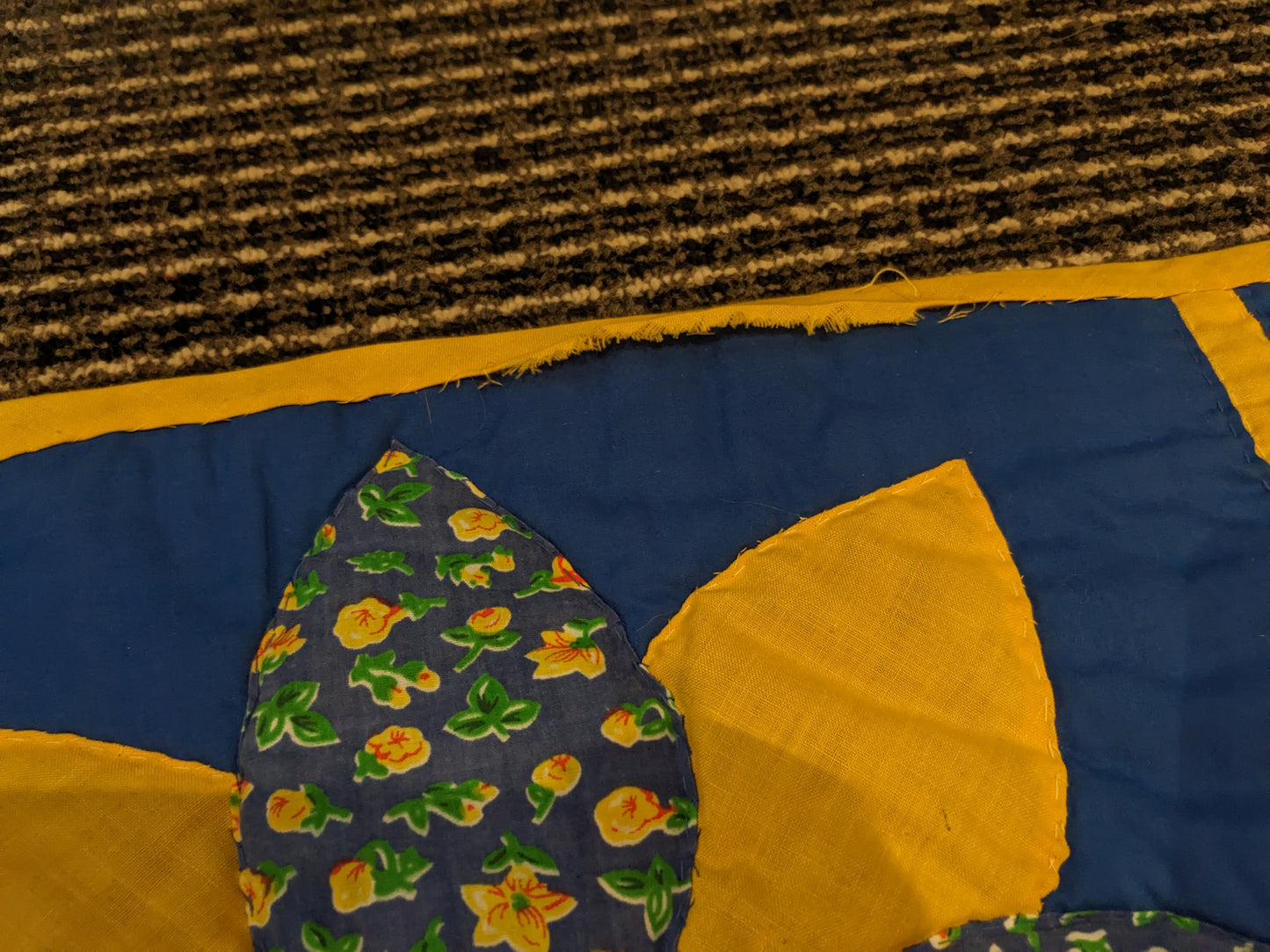 Vintage 1970's Huge Blue and Yellow Quilt Blanket