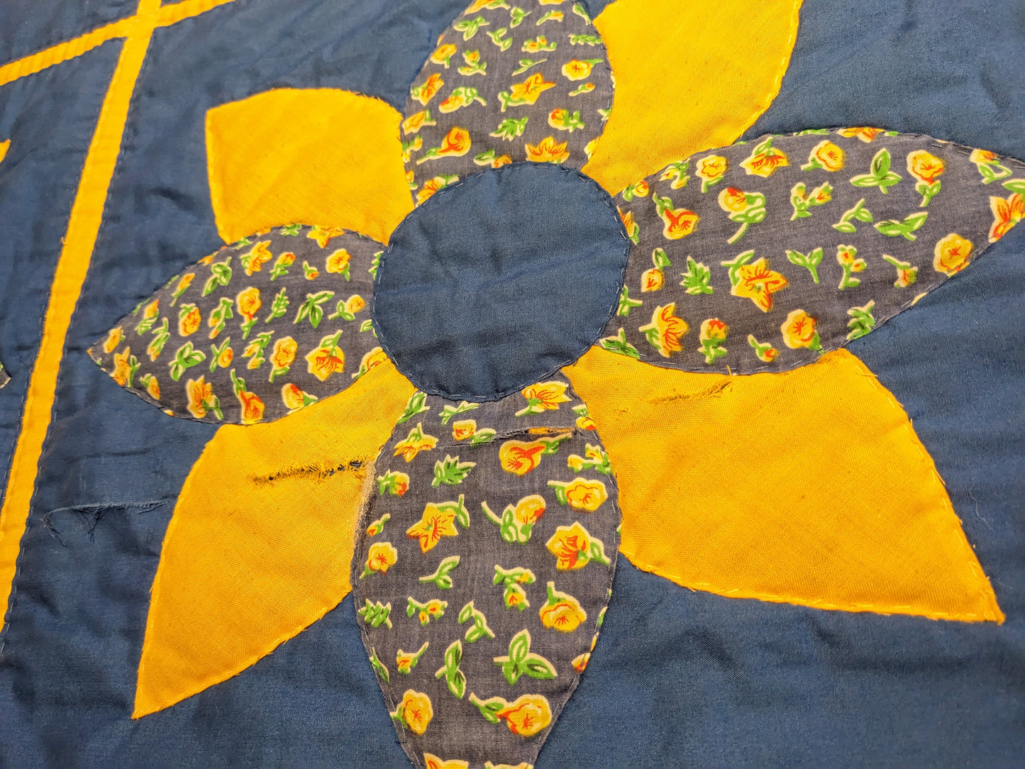 Vintage 1970's Huge Blue and Yellow Quilt Blanket