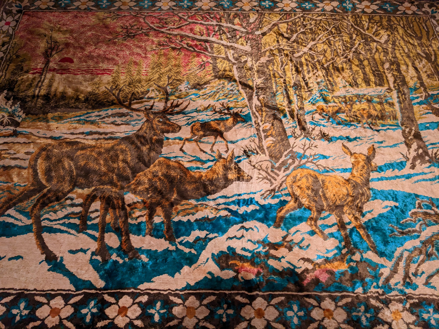 Vintage 1960's Soft, Elegant Canadian Wilderness Rug with Deers and Snow Print