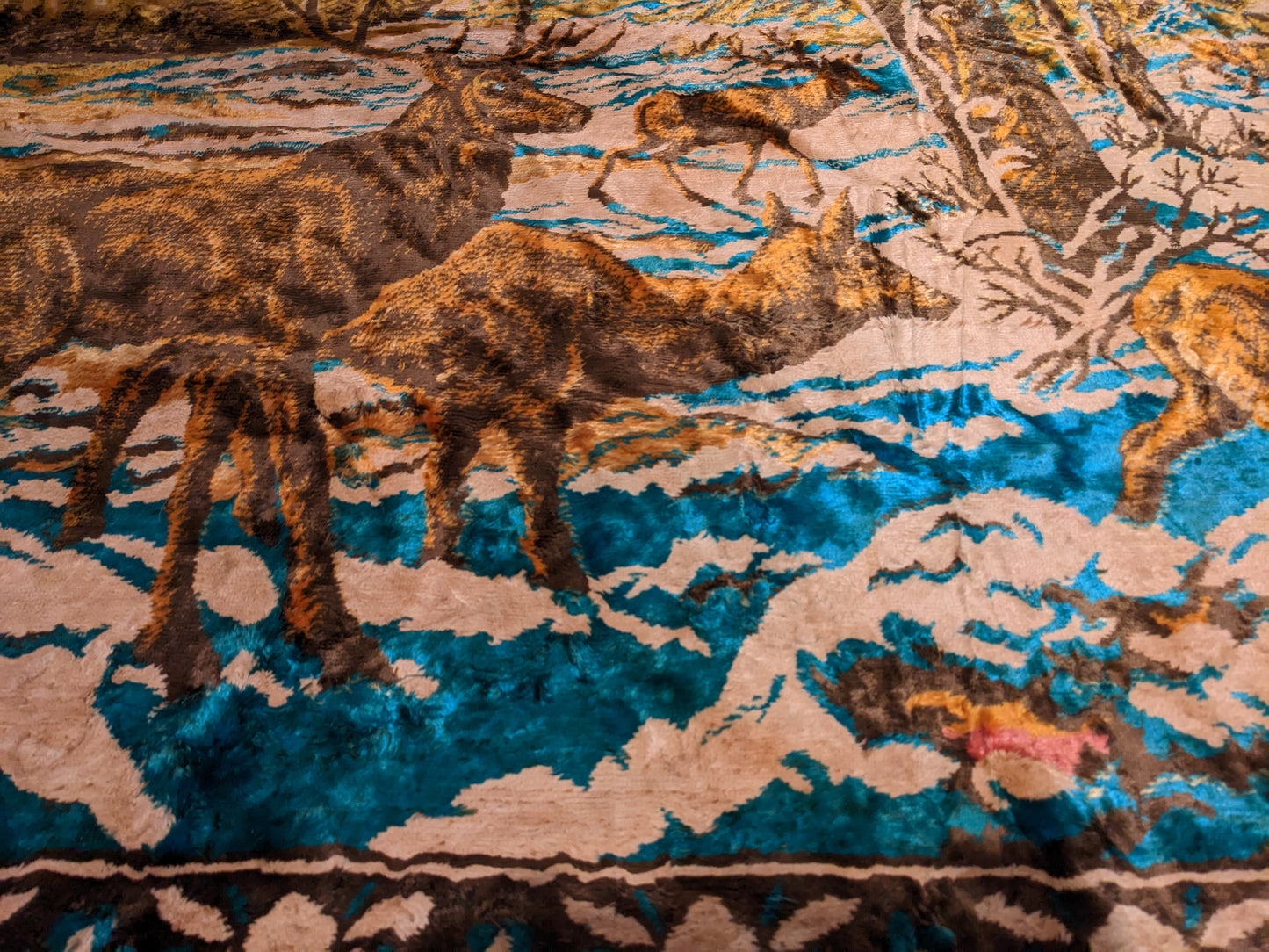 Vintage 1960's Soft, Elegant Canadian Wilderness Rug with Deers and Snow Print