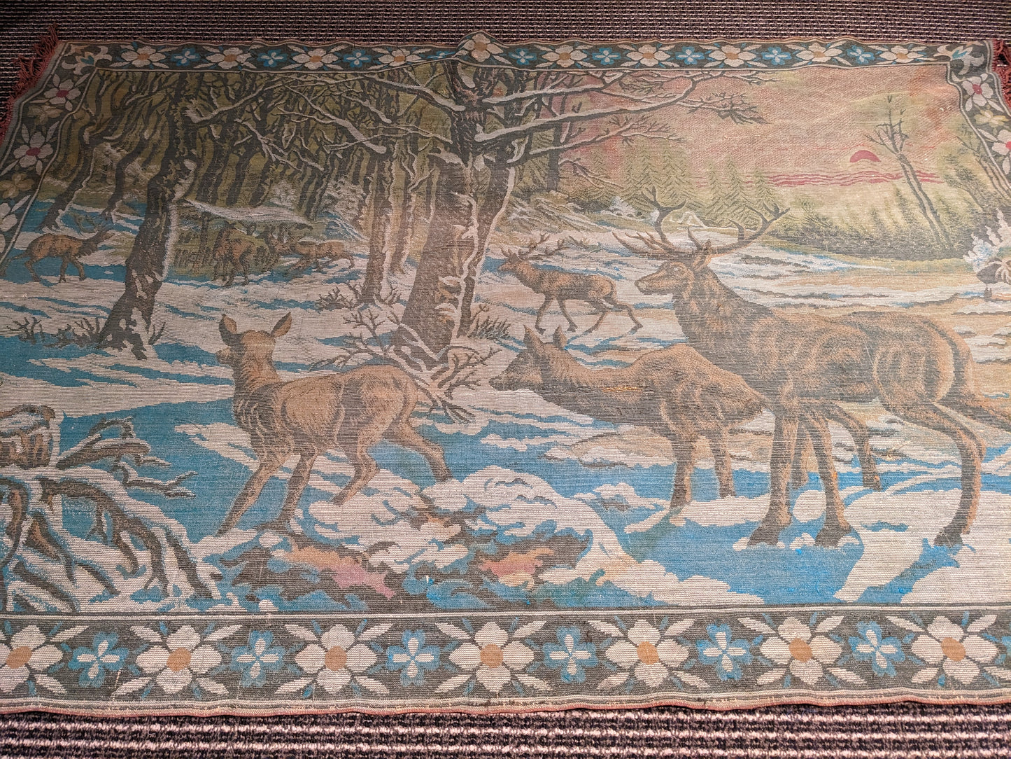 Vintage 1960's Soft, Elegant Canadian Wilderness Rug with Deers and Snow Print