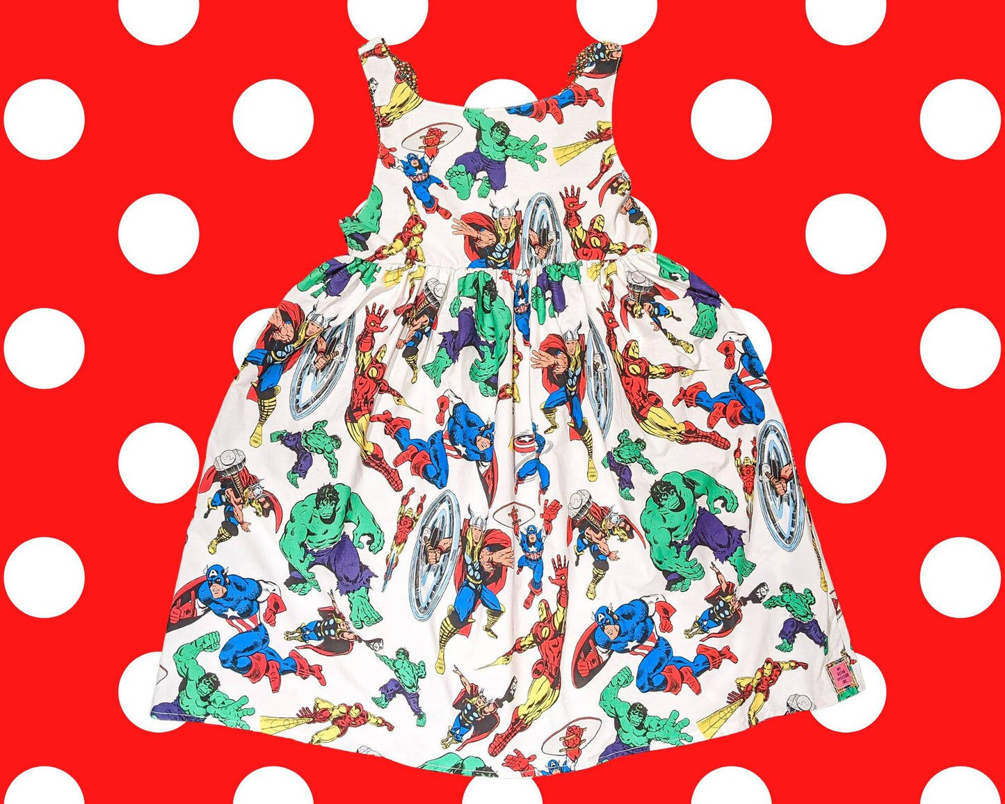 Handmade, Upcycled Avengers Marvel Official Bedsheet Dress Size S, With Pockets and Lined Bodice