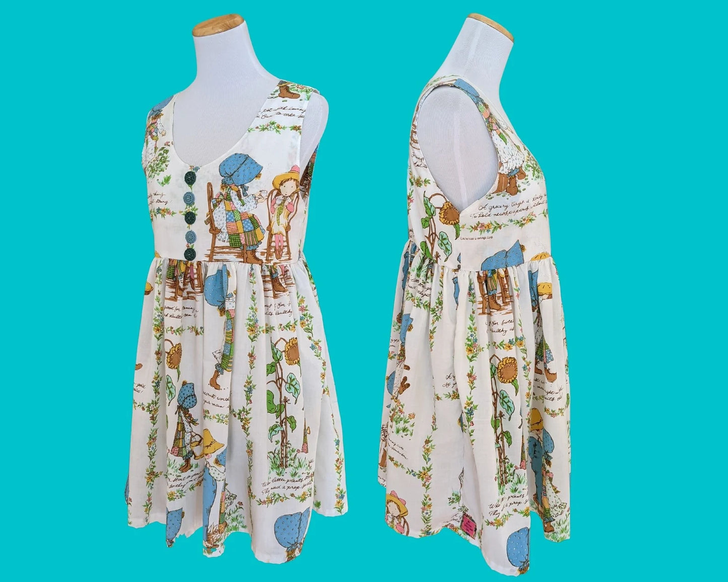 Handmade, Upcycled L-O-L-A Lola Model, Holly Hobbie Bedsheet, Sleeveless Dress, Lined Bodice and Pockets Size S-M