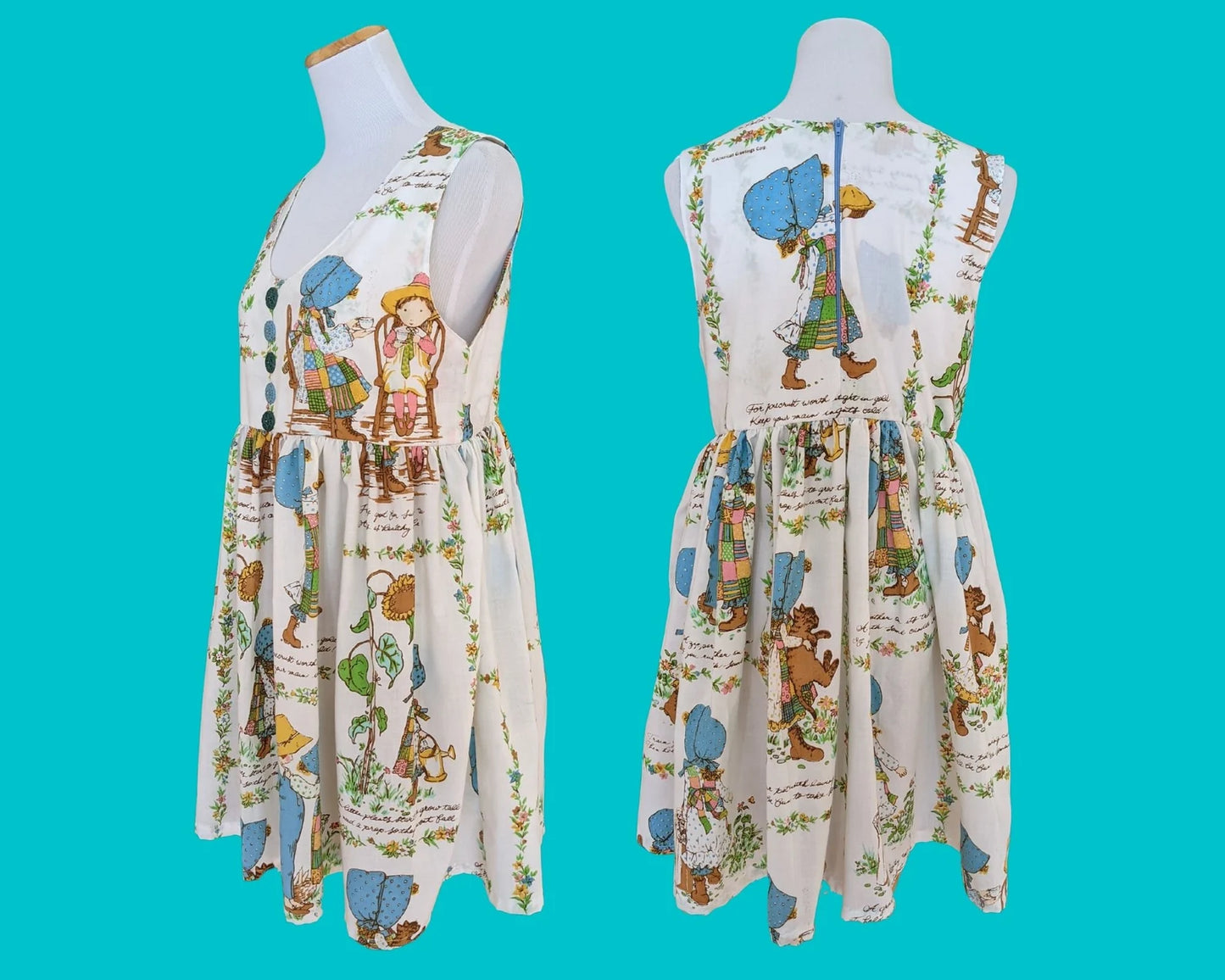 Handmade, Upcycled L-O-L-A Lola Model, Holly Hobbie Bedsheet, Sleeveless Dress, Lined Bodice and Pockets Size S-M