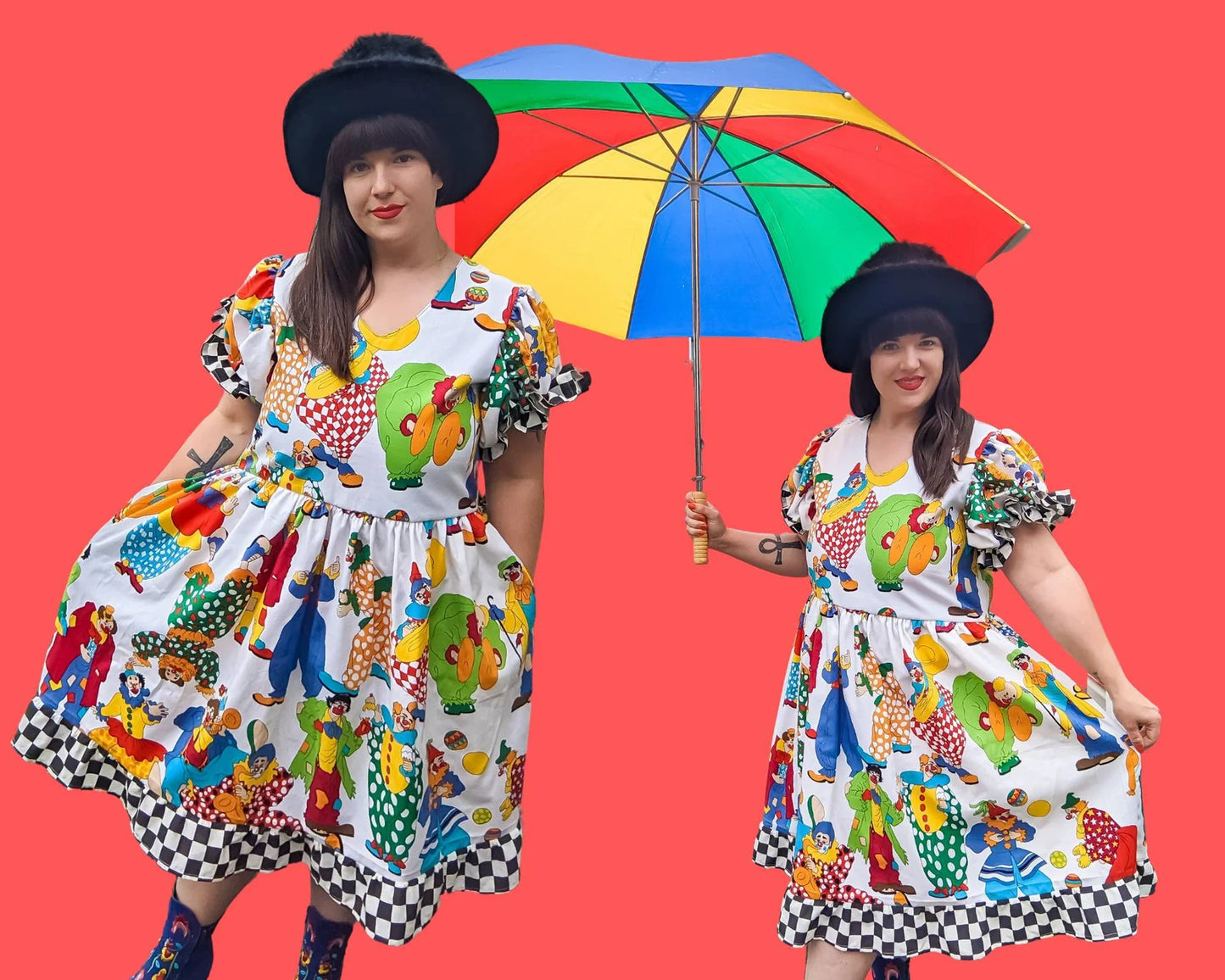 Handmade, Upcycled Clown Patterned Vintage Fabric Dress, Black and White Checkers Bottom Trim and Puffy Sleeves Size L-XL