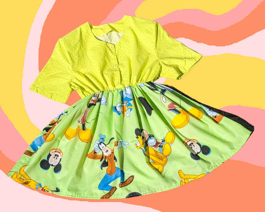 Handmade, Upcycled, Preloved, Repurposed Short Sleeve Button Down Shirt, Walt Disney Dress with Pockets Size M-L