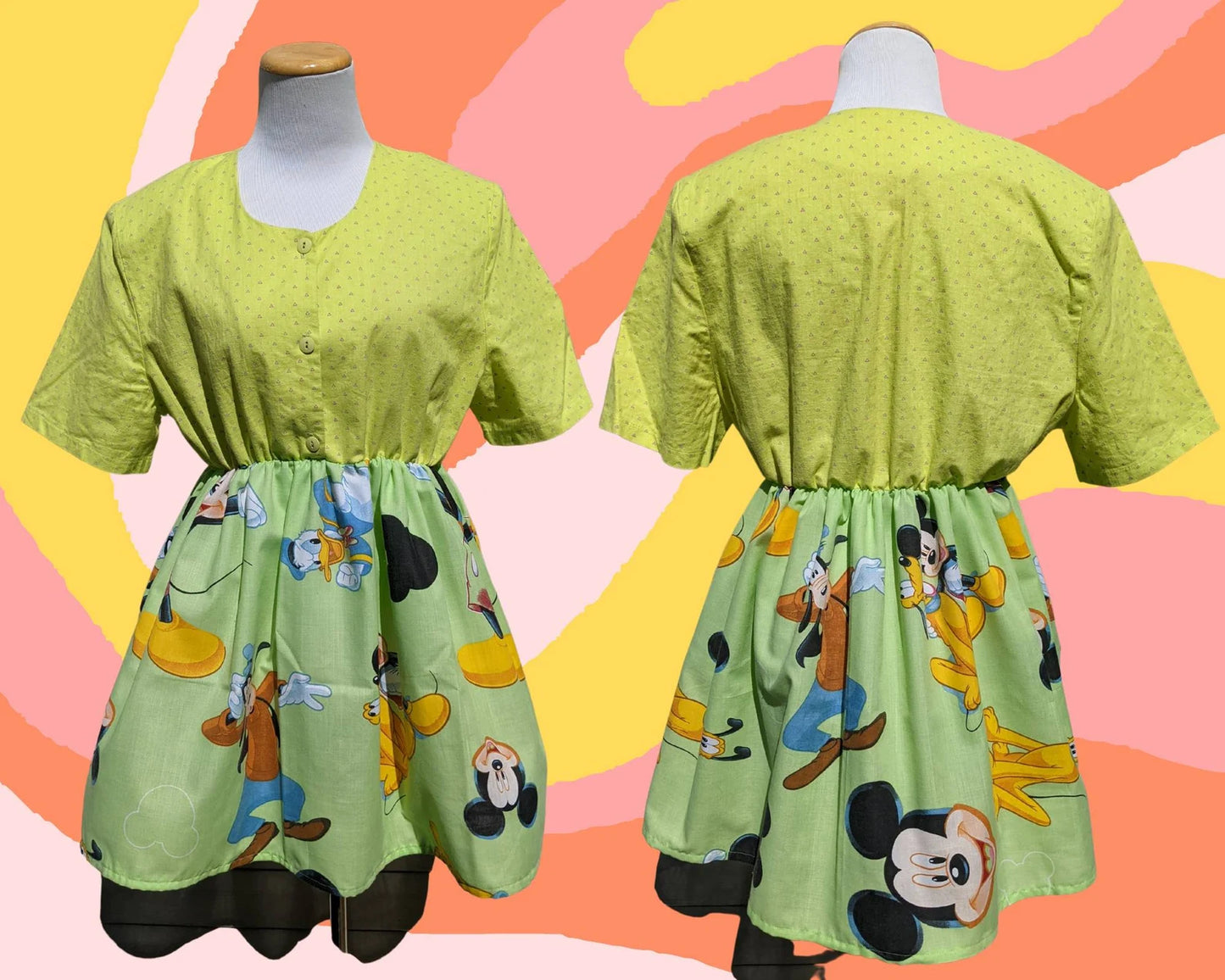 Chemise boutonnée à manches courtes faite à la main, recyclée, pré-aimée, réutilisée, robe Walt Disney avec poches taille ML