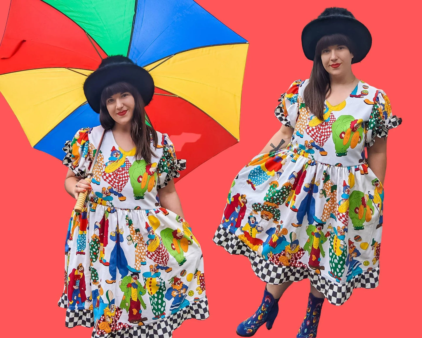 Handmade, Upcycled Clown Patterned Vintage Fabric Dress, Black and White Checkers Bottom Trim and Puffy Sleeves Size L-XL
