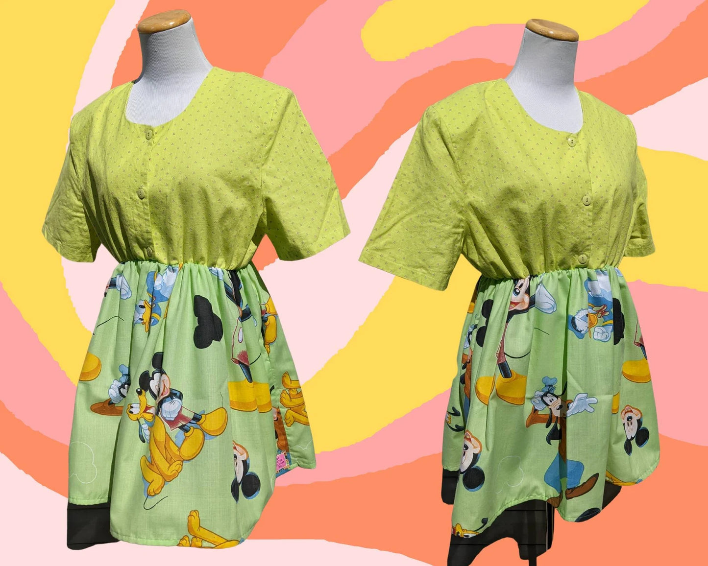 Chemise boutonnée à manches courtes faite à la main, recyclée, pré-aimée, réutilisée, robe Walt Disney avec poches taille ML