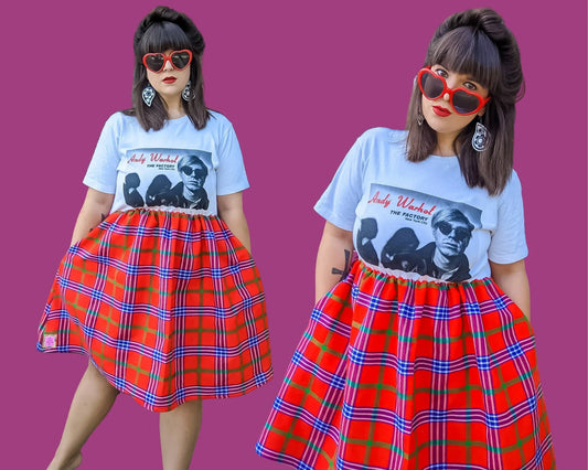 Fait à la main, Upcycled Andy Warhol and The Factory T-Shirt Dress, Vintage 1990's Red Plaid Skirt Size ML