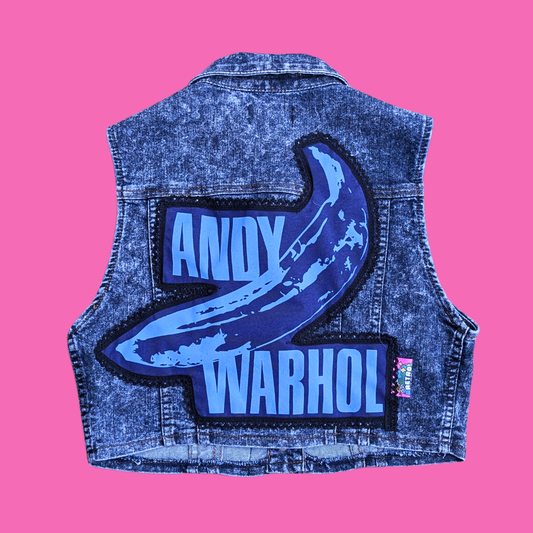 Andy Warhol Upcycled T-Shirt Sleeveless Denim Jacket Size L (Smaller Fit)