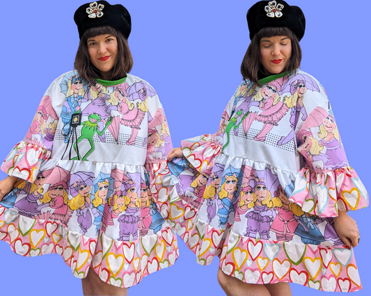 Robe t-shirt drapée faite à la main et recyclée Les Muppets, Miss Piggy et Kermit, taille 2XL