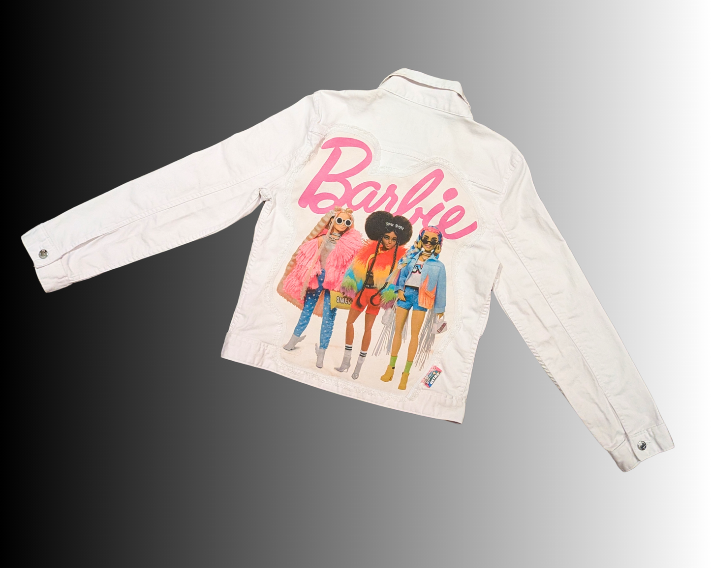 Handmade, Upcycled White, Barbie, Denim Jacket Size L
