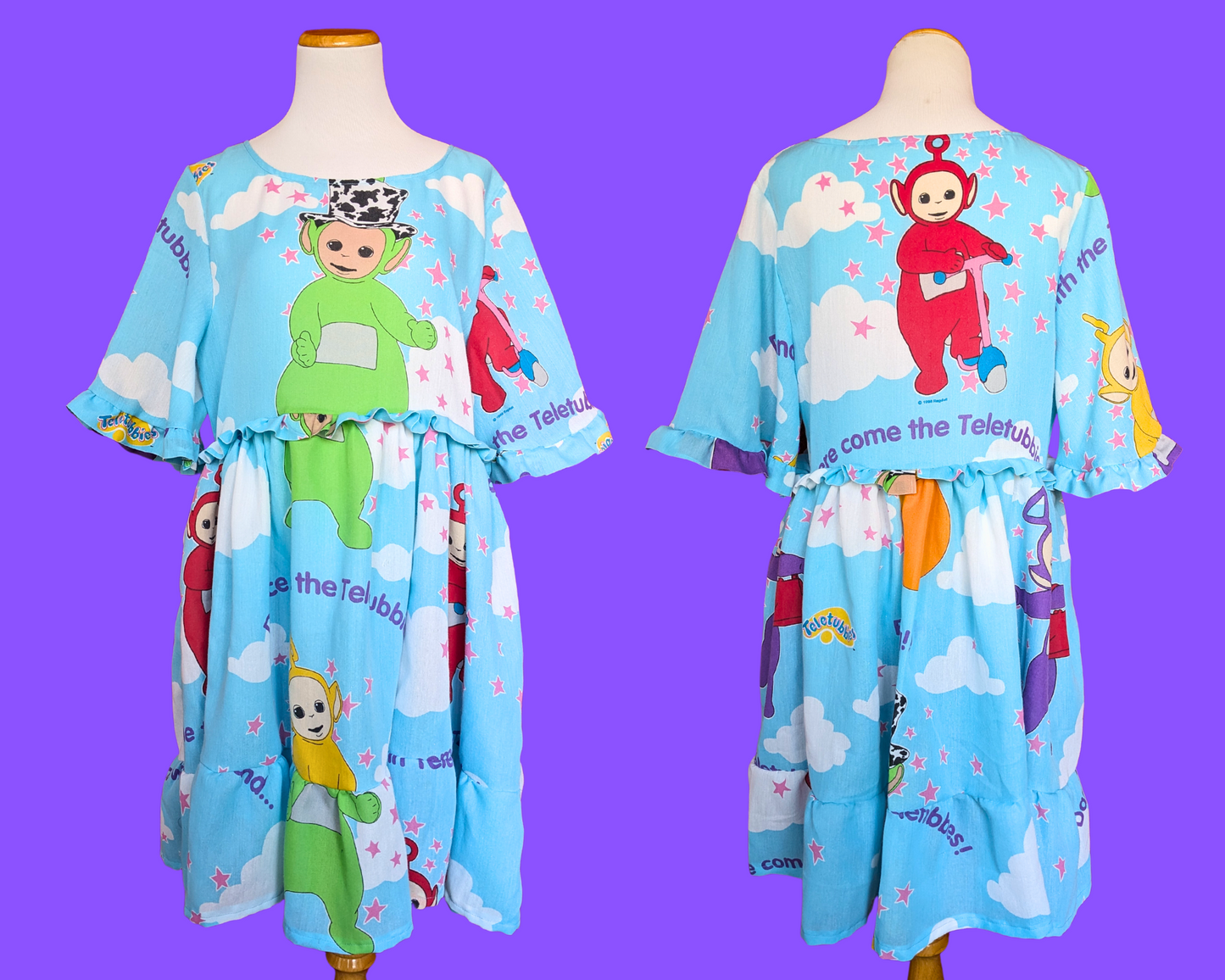 Handmade, Upcycled Teletubbies Bedsheet Dress Size M