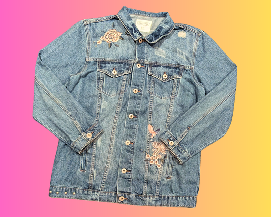 Veste en jean ET l'extraterrestre faite à la main et recyclée, taille XL