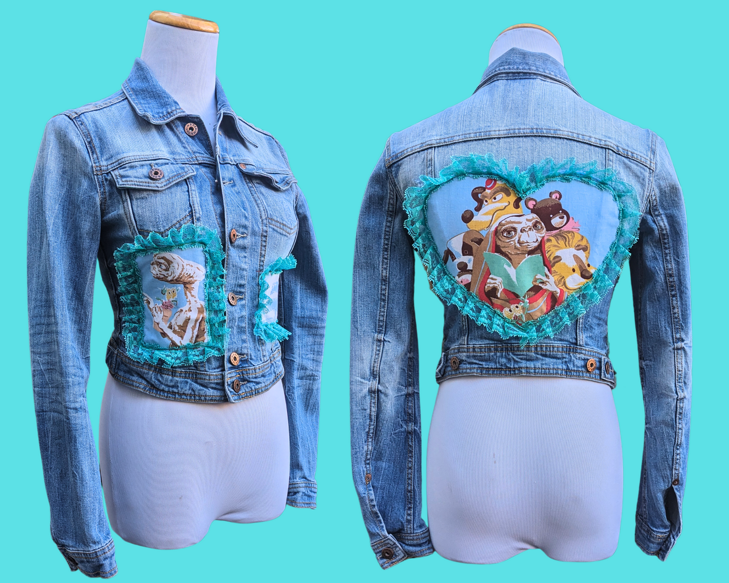 Handmade, Upcycled Denim Jacket Patched Up with Bedsheets Scraps of E.T Size S