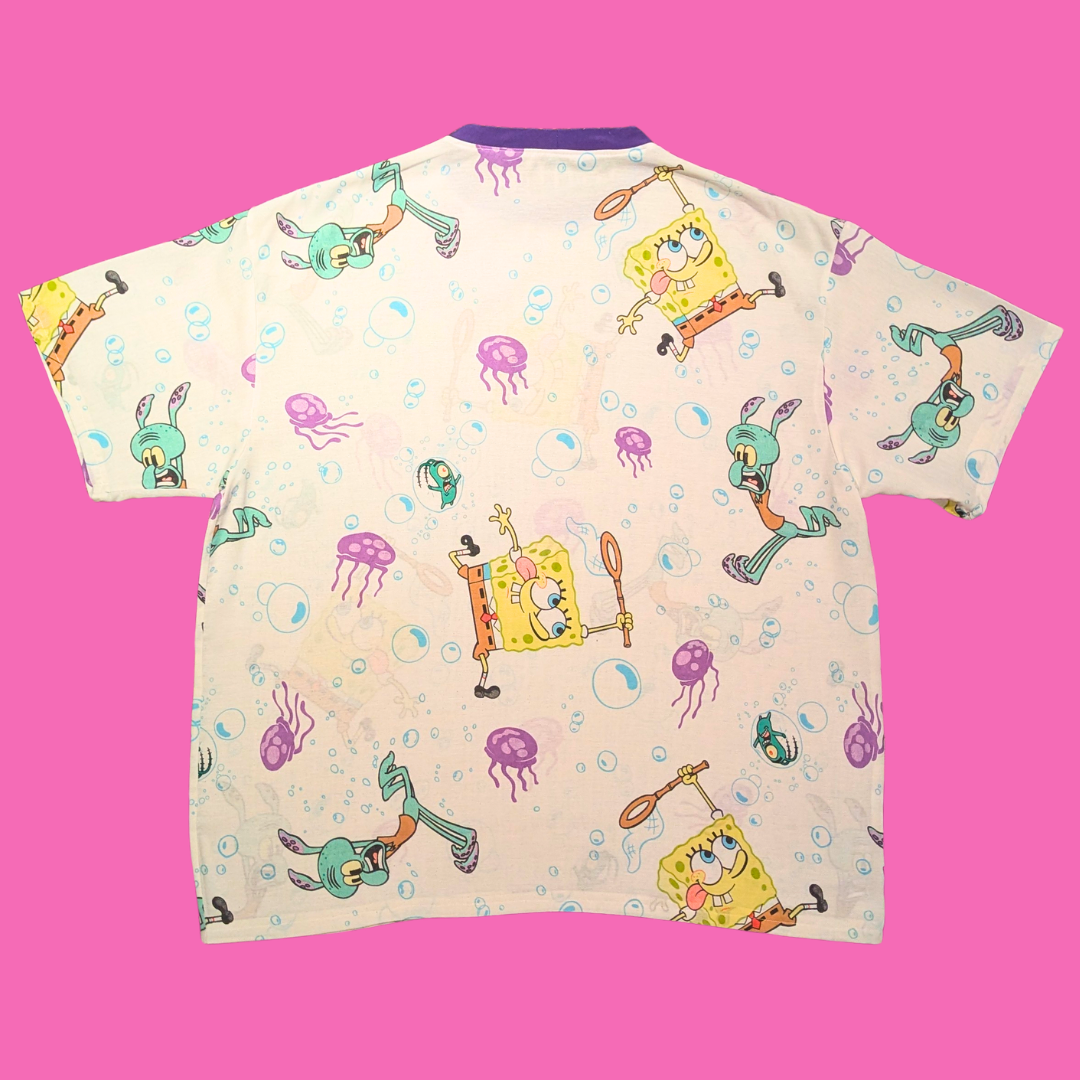 Handmade, Upcycled Sponge Bob Square Pants Bedsheet T-Shirt Oversized L-XL, Fitted 2XL