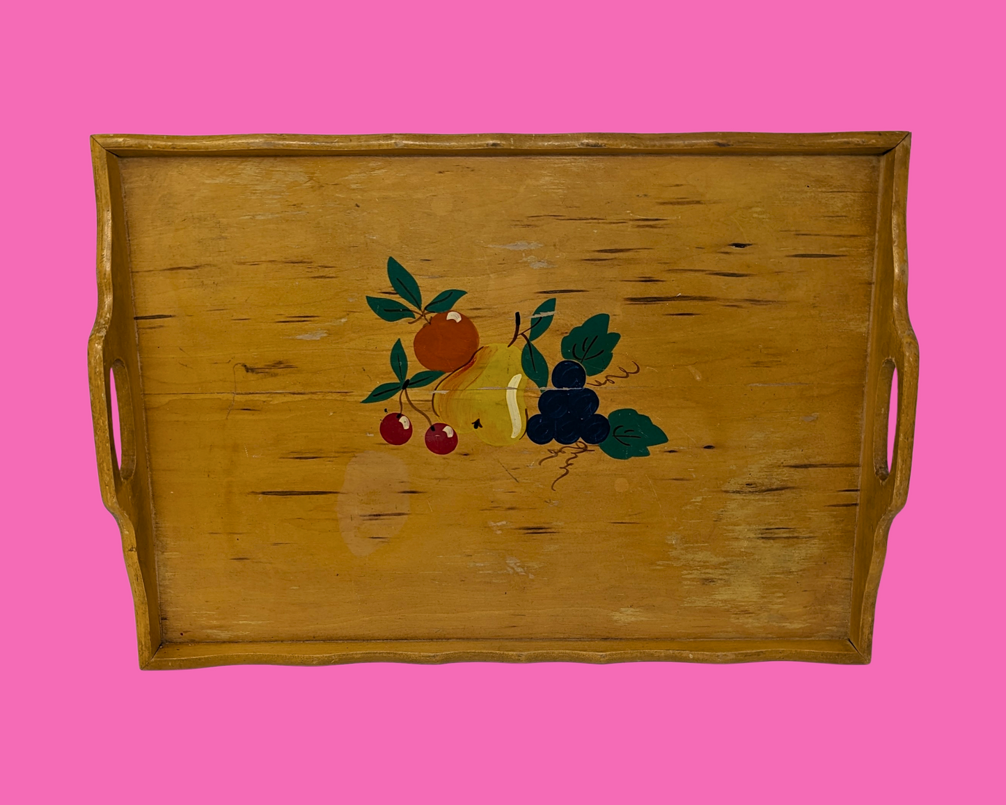 Vintage 1980's Wooden Tray with Painted Fruits