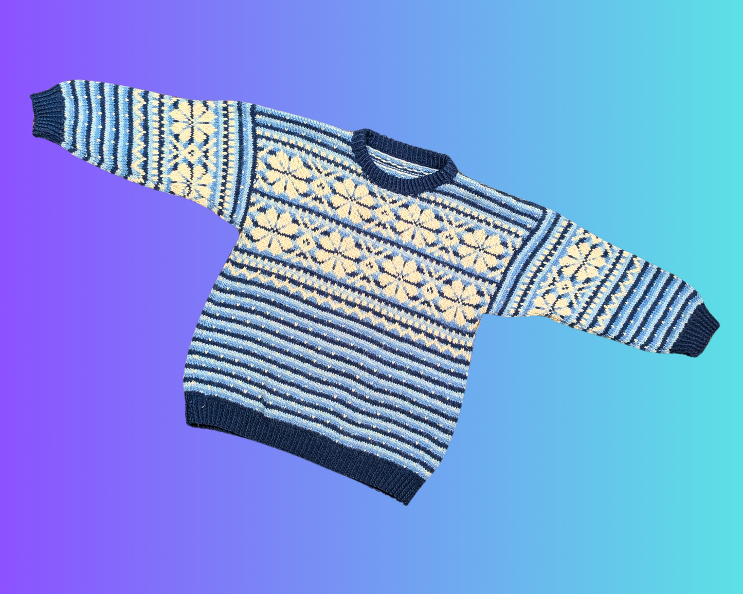 Vintage 1990's Knit Blue and White, Snow Flakes, Sweater Size M for Women