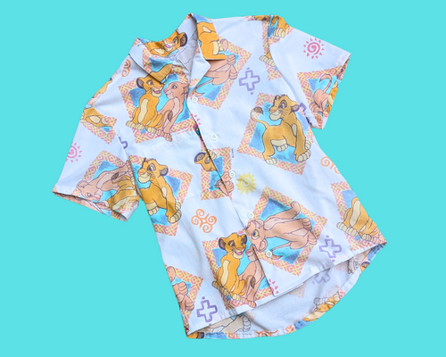 Handmade, Upcycled Vintage The Lion King Bedsheet Short Sleeve Button Down T-Shirt S