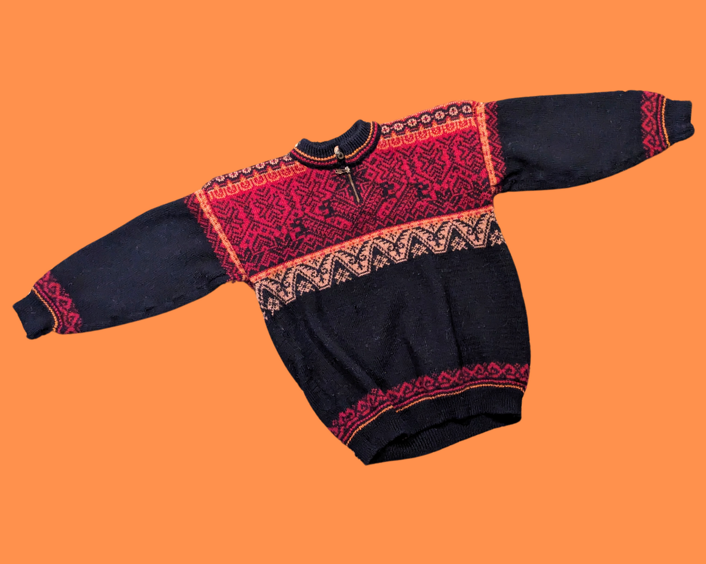 Vintage 1980's Black, Red and Orange Wool Knit Cardigan Size L