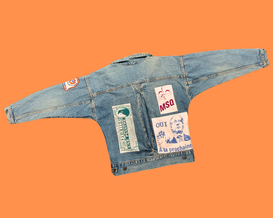 Handmade, Upcycled Québec, René Lévesque Denim Jacket Size S
