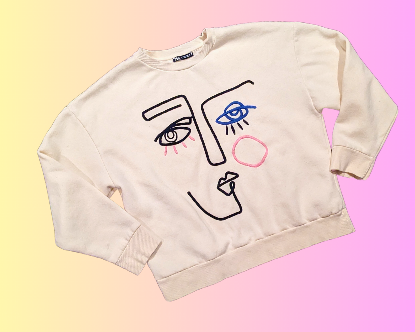 Y2K Embroidered Face, Picasso Inspired Crewneck Size M