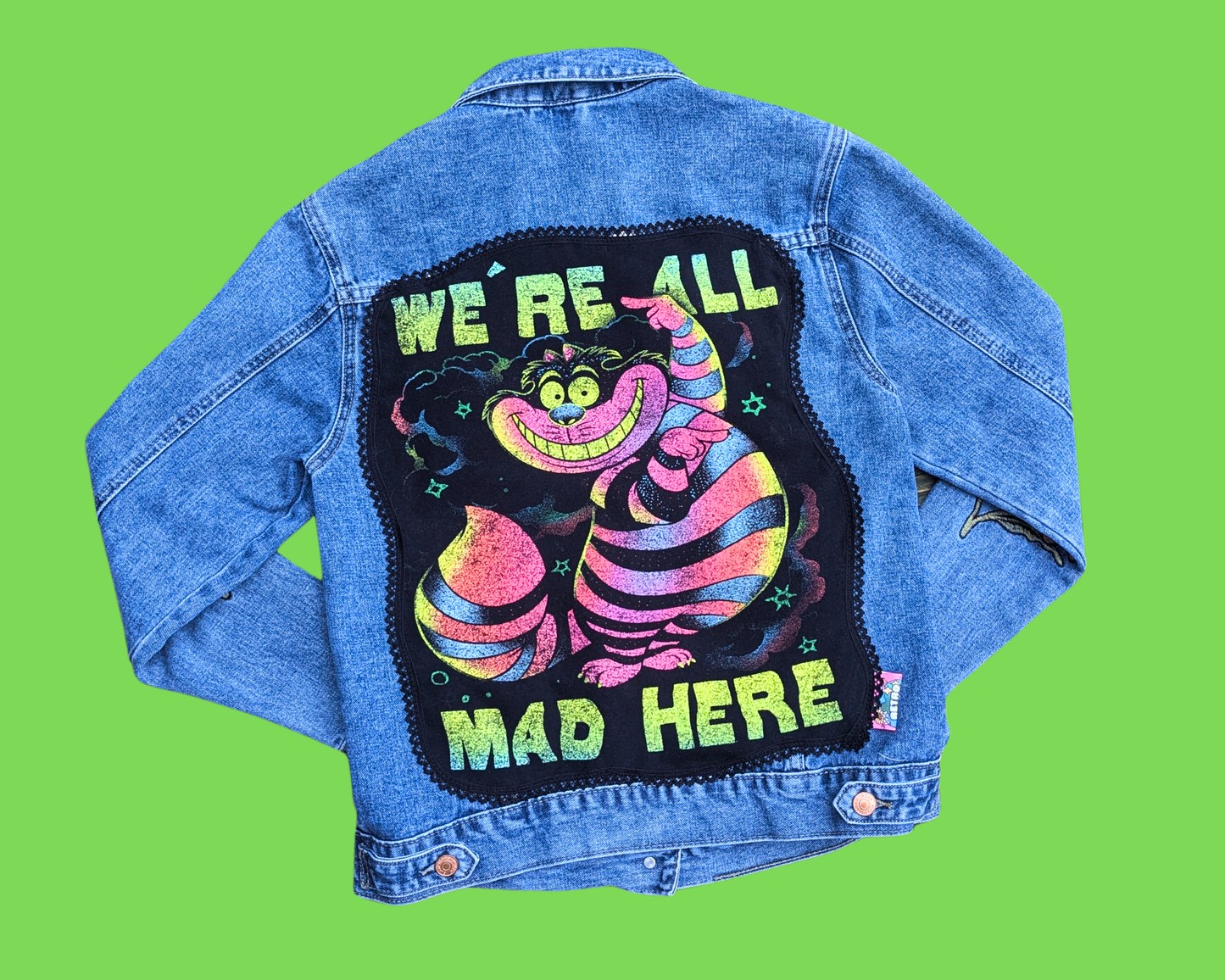Handmade, Upcycled Cheshire Cat from Alice in Wonderland Denim Jacket Size 8 (M)