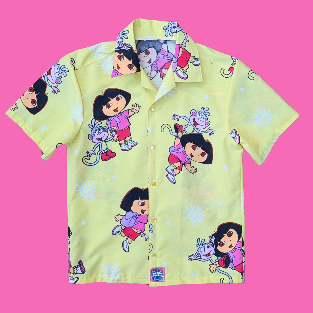 Handmade, Upcycled Dora the Explorer Bedsheet Button Down Shirt Size XS