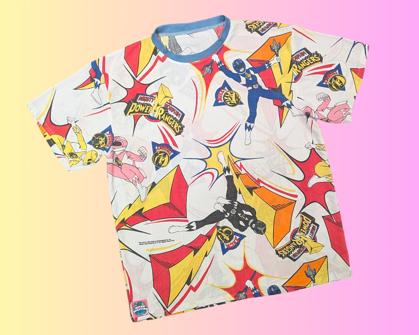 Handmade, Upcycled Vintage 1990's Power Rangers Bedsheet T-Shirt Oversized XS - Fits Like A Size M