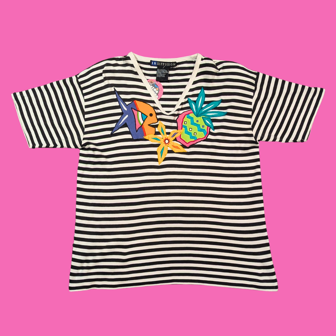 Vintage 1990's Black and White Striped, Fish and Strawberry Patches, Shirt Size M