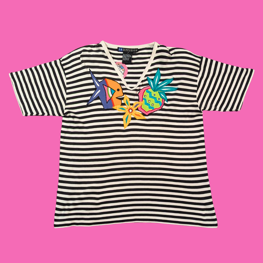 Vintage 1990's Black and White Striped, Fish and Strawberry Patches, Shirt Size M