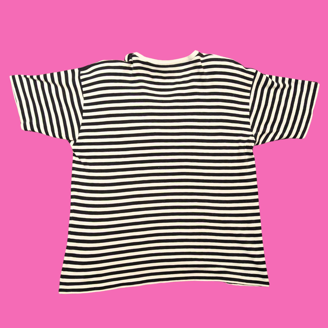 Vintage 1990's Black and White Striped, Fish and Strawberry Patches, Shirt Size M