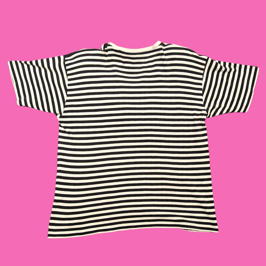 Vintage 1990's Black and White Striped, Fish and Strawberry Patches, Shirt Size M