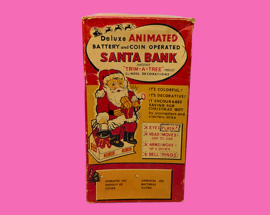 Tirelire Père Noël animée de luxe vintage des années 1960, fonctionnant sur piles et pièces, fabriquée au Japon, non testée