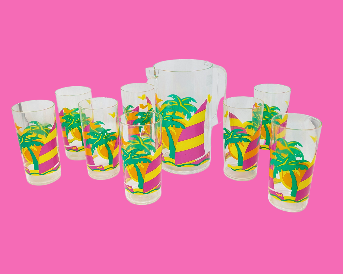 Vintage 1990's Exotic Design, Kitsch, 8 Plastic Glasses and Matching Pitcher