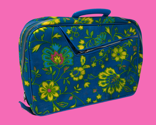 Valise vintage à motifs floraux verts, bleus et jaunes des années 1960, fabriquée au Japon