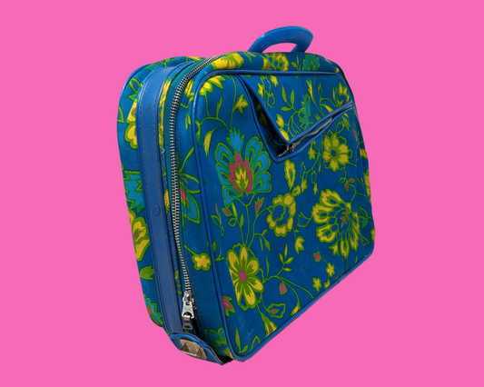 Valise vintage à motifs floraux verts, bleus et jaunes des années 1960, fabriquée au Japon