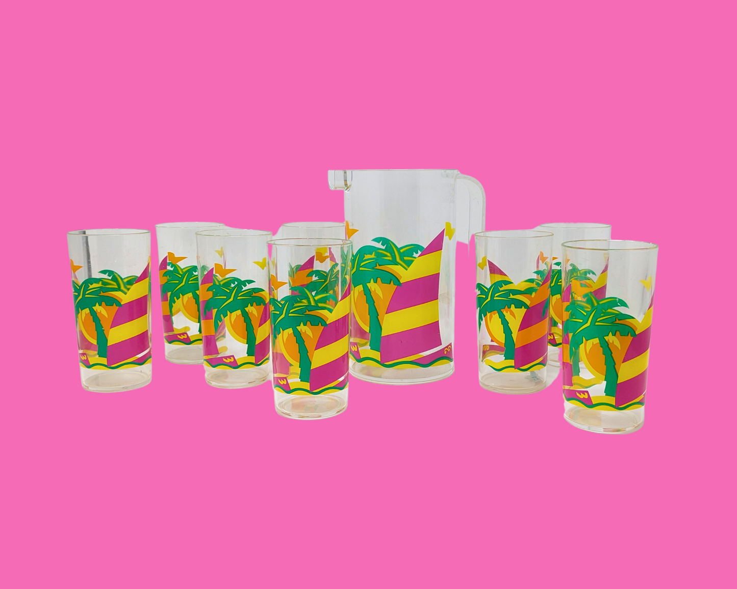 Vintage 1990's Exotic Design, Kitsch, 8 Plastic Glasses and Matching Pitcher