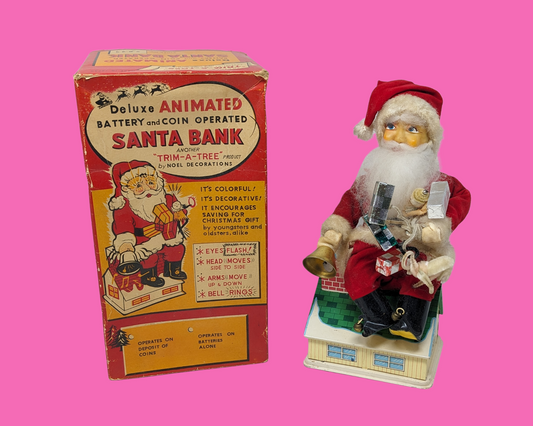 Tirelire Père Noël animée de luxe vintage des années 1960, fonctionnant sur piles et pièces, fabriquée au Japon, non testée