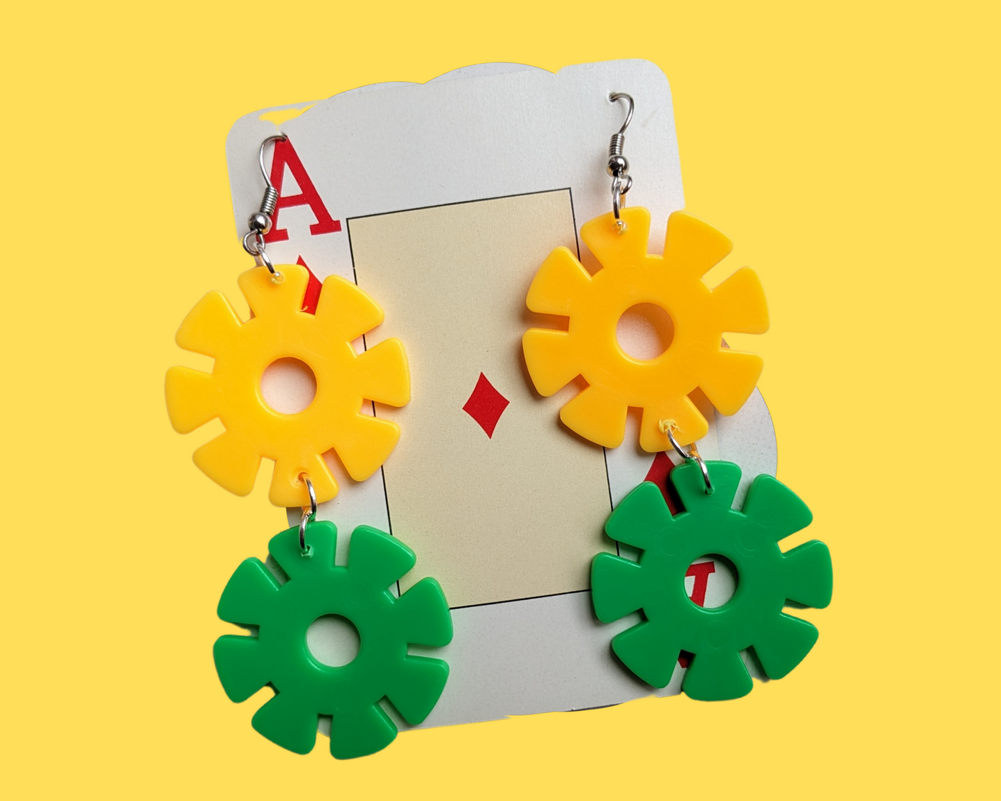 Handmade, Upcycled Plastic Circular Yellow and Green Dangle Earrings