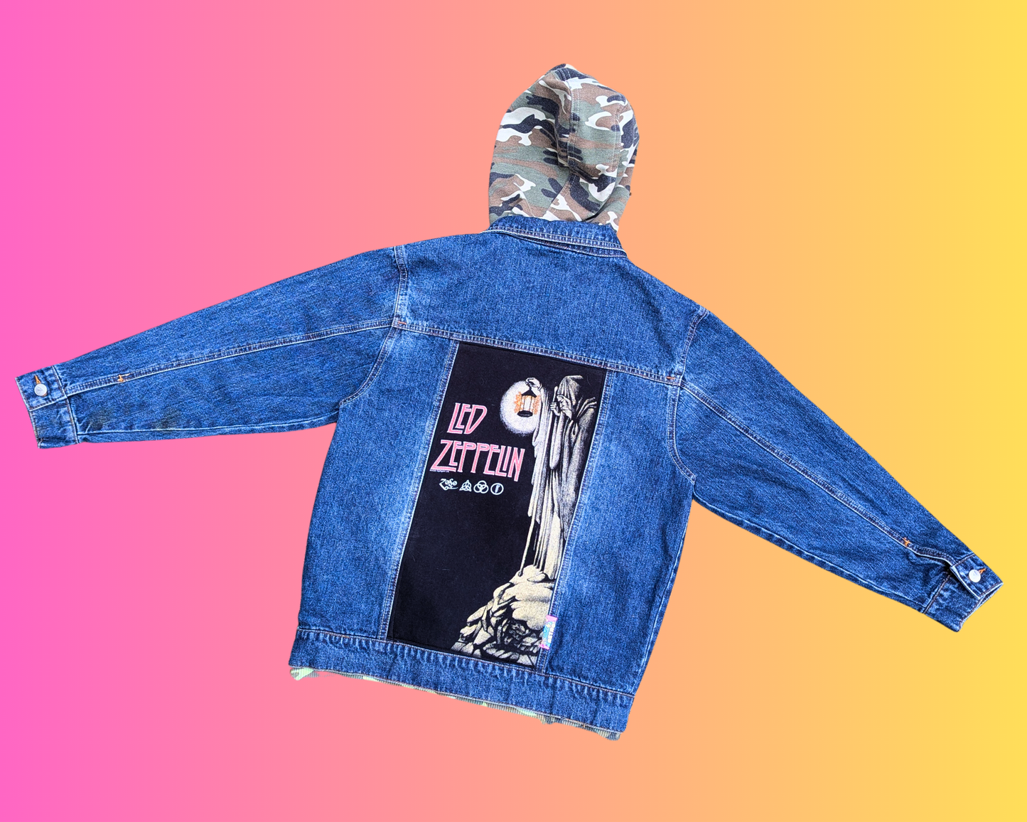Handmade, Upcycled Led Zeppelin Denim Jacket with Hoodie Size L