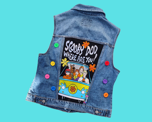 Handmade, Upcycled Scooby Doo Sleeveless Denim Jacket Size M