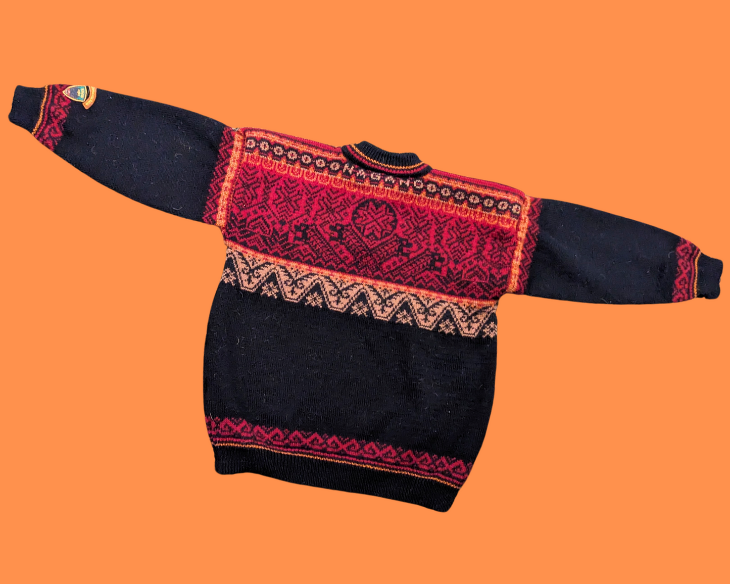 Vintage 1980's Black, Red and Orange Wool Knit Cardigan Size L