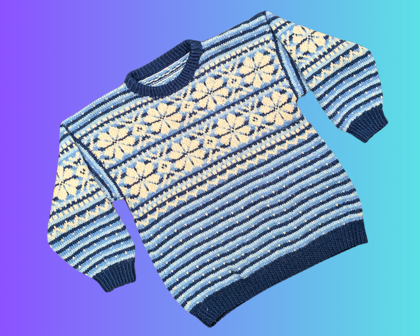 Vintage 1990's Knit Blue and White, Snow Flakes, Sweater Size M for Women