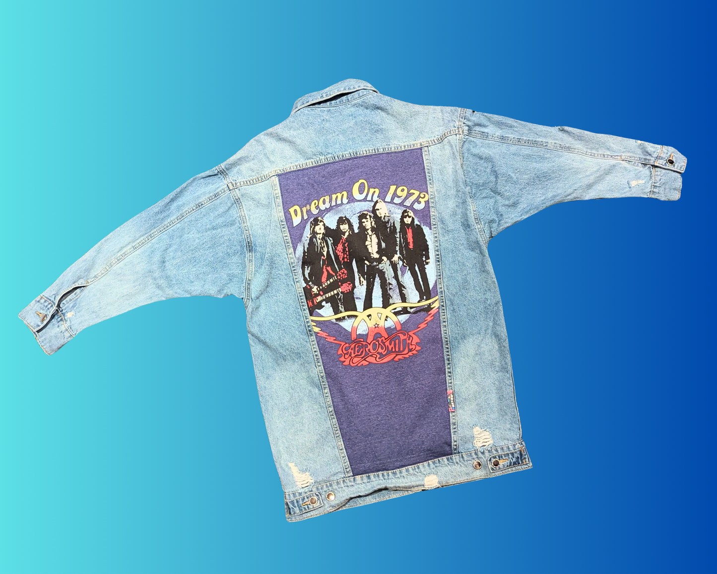 Handmade, Upcycled Aerosmith, Dream On 1973 Long Denim Jacket Size M