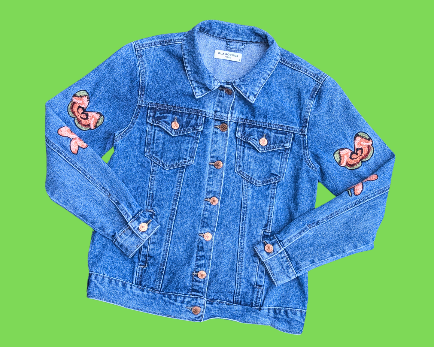 Handmade, Upcycled Cheshire Cat from Alice in Wonderland Denim Jacket Size 8 (M)